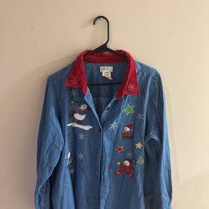 Bobbie Brooks Christmas Denim Button-Up Shirt with Embroidered, Size 18W/20W